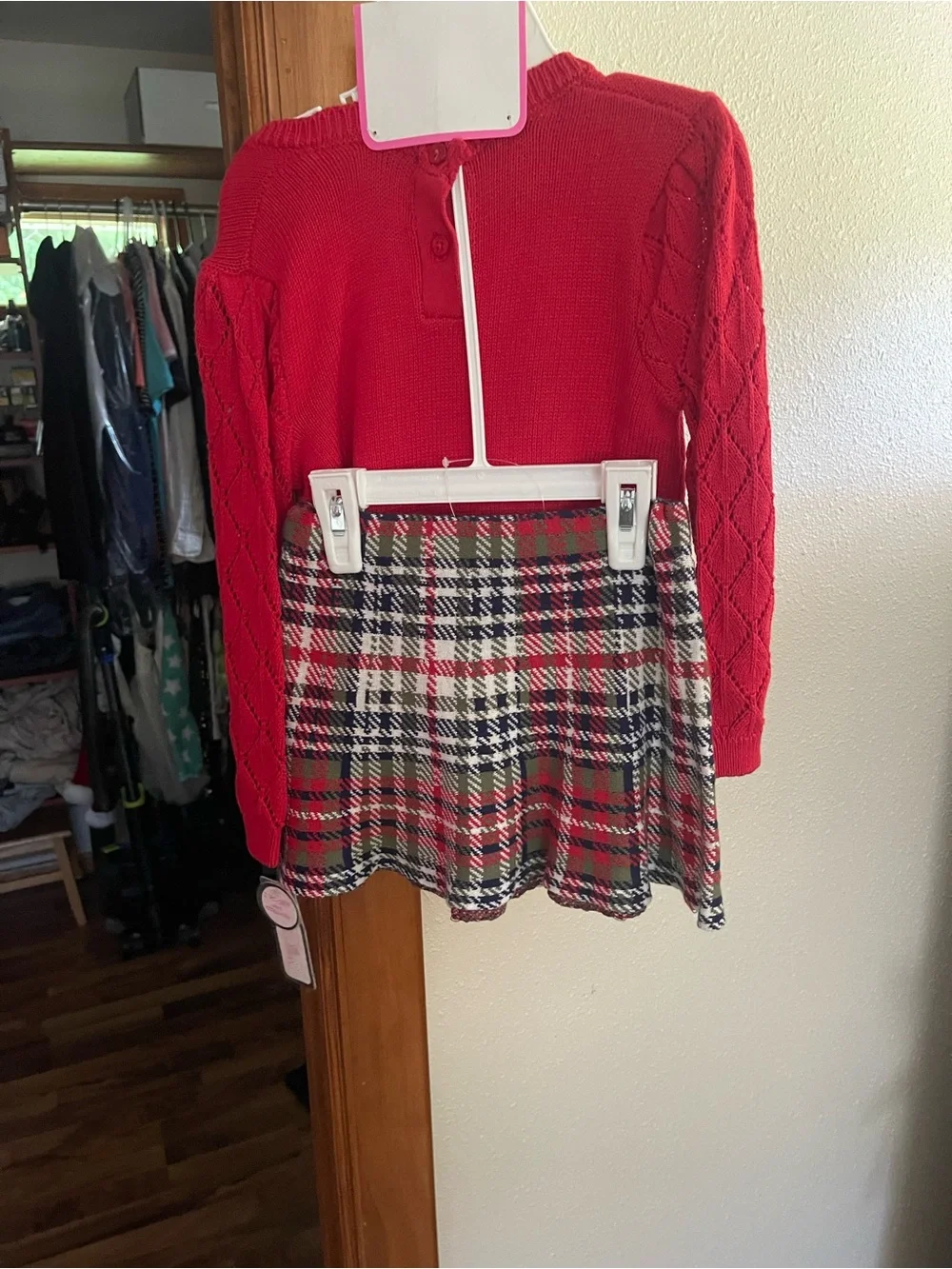 Little Lass Red 'Merry' Knit Sweater Set with Plaid Trim